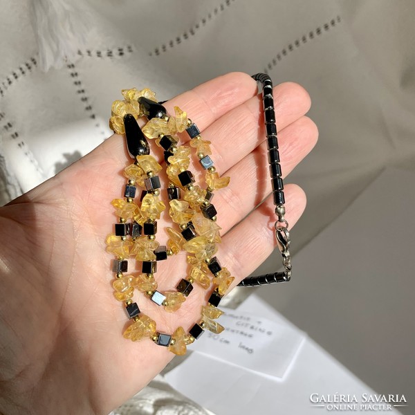 Vintage Citrine and Hematite Mineral Necklace Gemstone Necklace Black Yellow Necklace 50cm