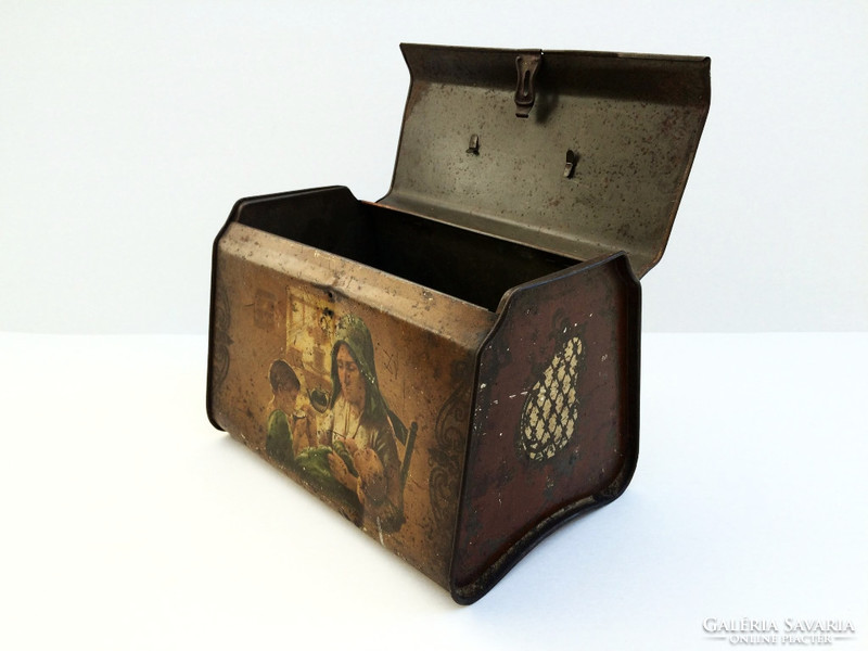 Antique old bag shaped tea in vintage metal box with 23 cm tin box