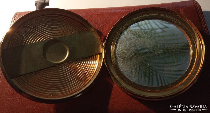 Antik vintage púdertartó aranyozott tükrös réz tokú szelence, pipere szépségápolás kellék