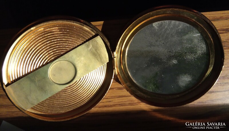 Antik vintage púdertartó aranyozott tükrös réz tokú szelence, pipere szépségápolás kellék