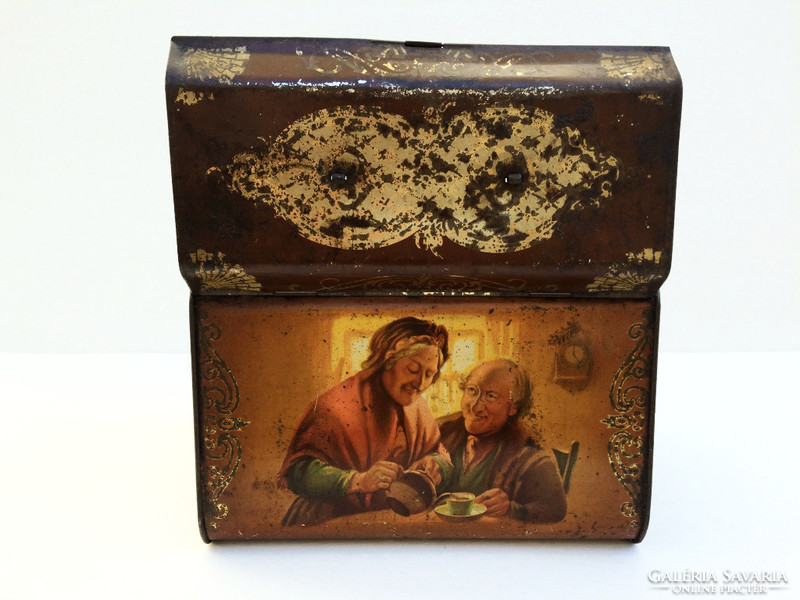 Antik régi táska alakú teás vintage fémdoboz 23 cm pléh doboz