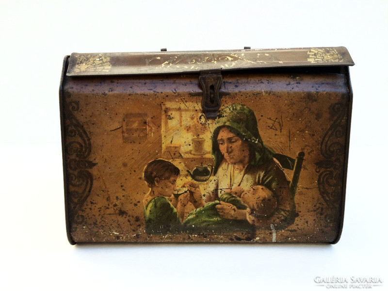 Antik régi táska alakú teás vintage fémdoboz 23 cm pléh doboz