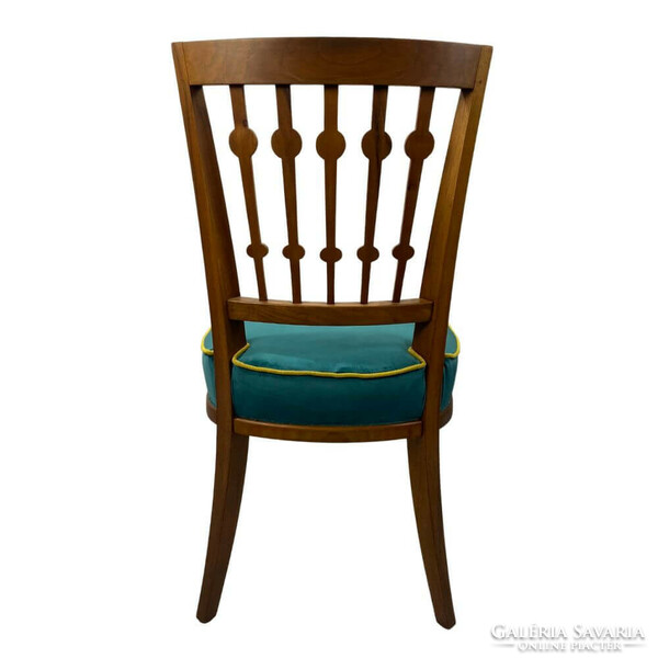 Pair of Art Nouveau solid wood dining chairs with turquoise velvet fabric - urban studio -