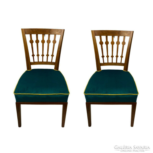 Pair of Art Nouveau solid wood dining chairs with turquoise velvet fabric - urban studio -