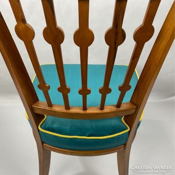 Pair of Art Nouveau solid wood dining chairs with turquoise velvet fabric - urban studio -