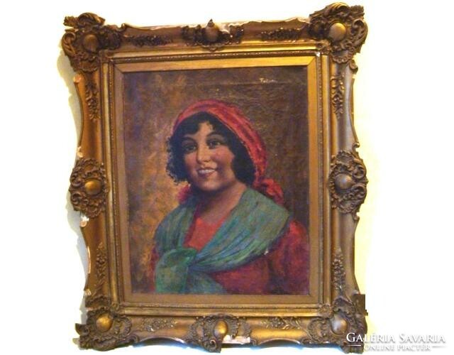 Tollini - gypsy woman, signed xix. Century oil painting