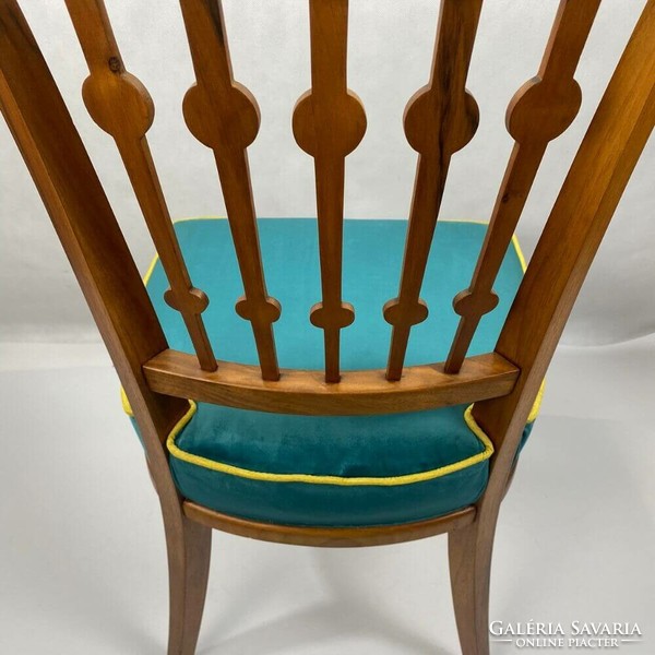 Pair of Art Nouveau solid wood dining chairs with turquoise velvet fabric - urban studio -