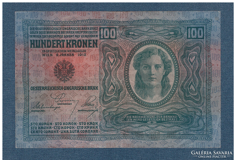 100 Korona 1912 Deutschösterreich bélyegzés Azonos oldalak VF+