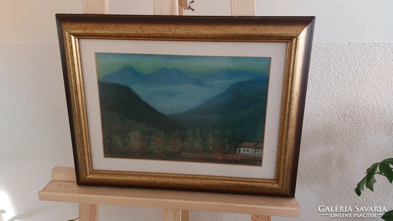 (K) landscape with a small cottage, 43x33 cm frame. Pastel or chalk.