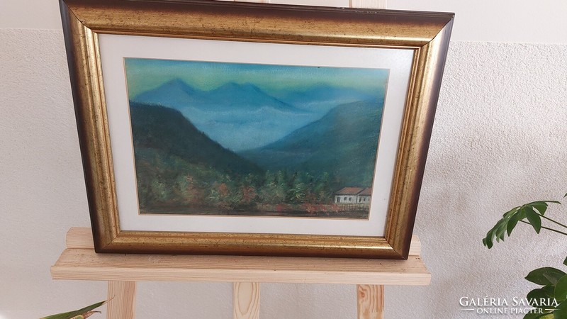 (K) landscape with a small cottage, 43x33 cm frame. Pastel or chalk.