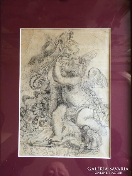 Xvii-xviii.Sz.I. Baroque silver cane, ink, watercolor picture! In original baroque frame!!!
