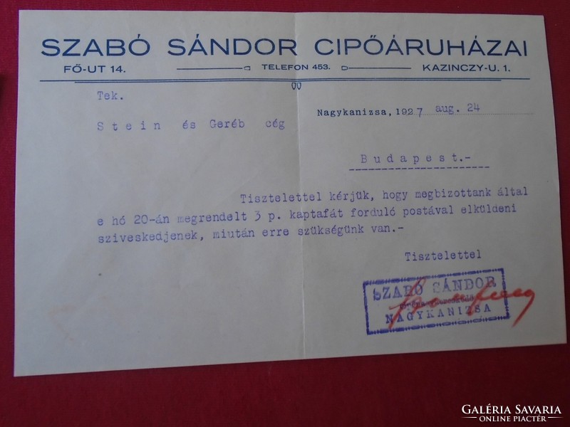 DEL007.16  Régi Levél és számla 1927 -SZABÓ SÁNDOR Cipőáruházai  NAGYKANIZSA