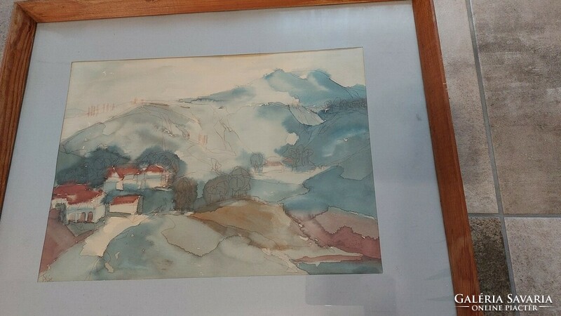 (K) Károly plesznivy small village with gallery among the mountains watercolor painting 62x49 cm with frame