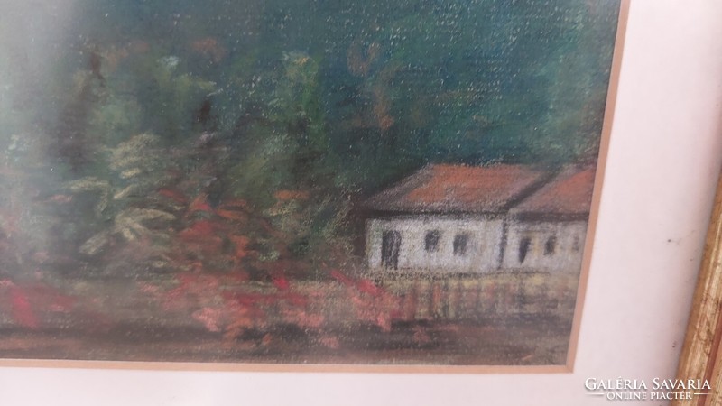 (K) landscape with a small cottage, 43x33 cm frame. Pastel or chalk.