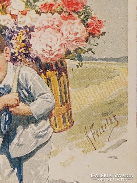 Régi képeslap K. Feiertag levelezőlap kisfiú virágok