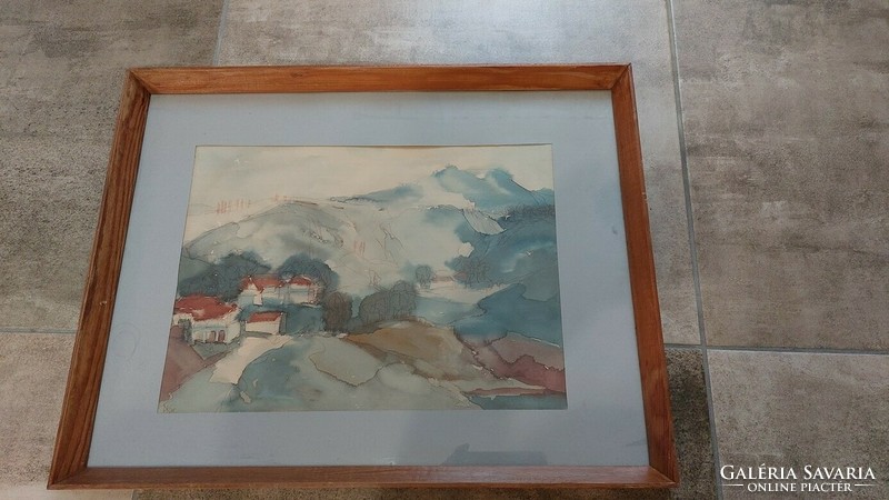 (K) Plesznivy Károly Képcsarnokos Kis falu a hegyek közt akvarell festmény 62x49 cm kerettel
