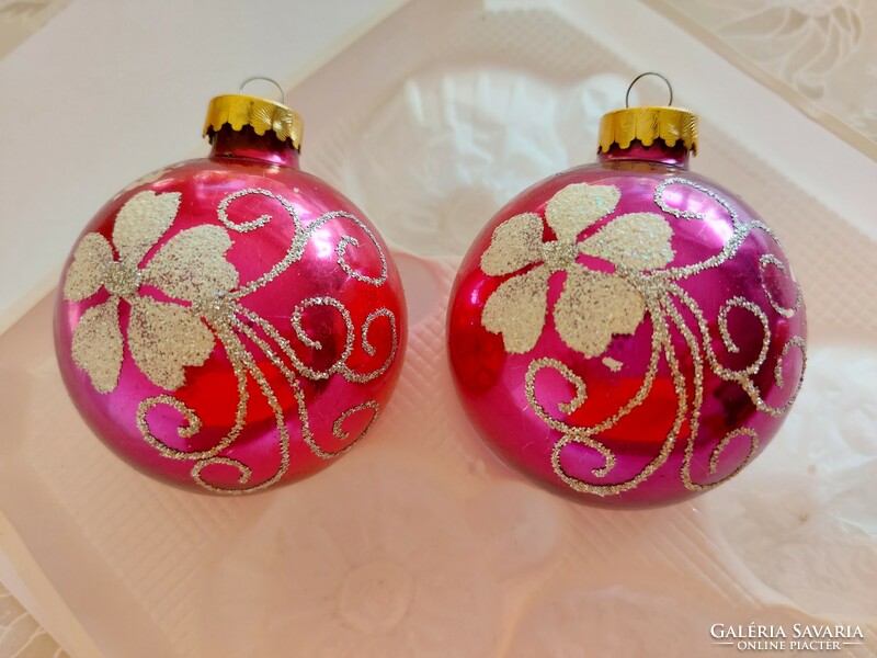 Régi üveg karácsonyfadísz pink gömb festett üvegdísz 2 db
