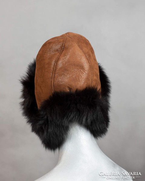 Women's winter cap, hat, real fur, fox and folder leather