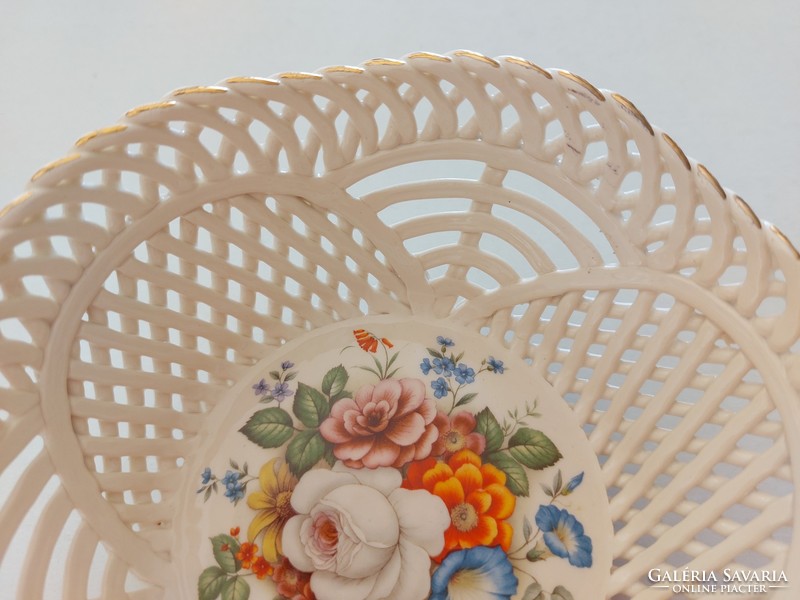 Handmade Hungarian porcelain bowl with openwork floral decorative plate with amadeus basket pattern