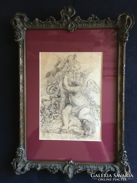 Xvii-xviii.Sz.I. Baroque silver cane, ink, watercolor picture! In original baroque frame!!!