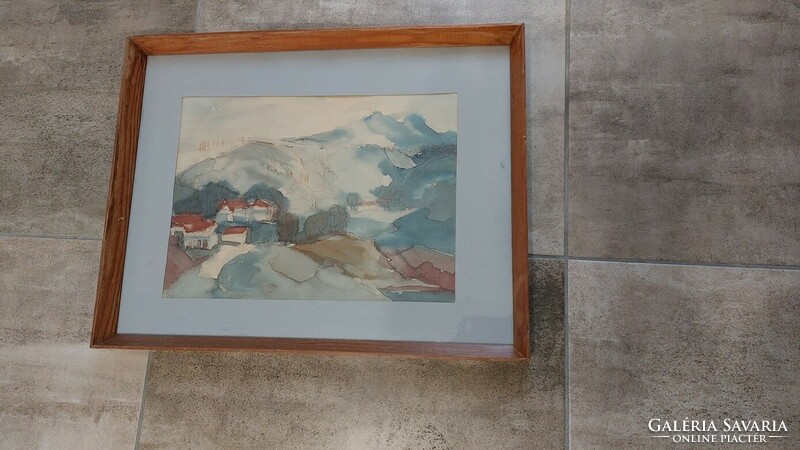 (K) Plesznivy Károly Képcsarnokos Kis falu a hegyek közt akvarell festmény 62x49 cm kerettel