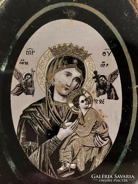 Régi vallási falidísz rézkeretes antik Mária falikép