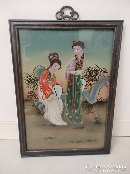 Elegant wall picture painted on antique Japanese glass in a geisha frame 419 6183