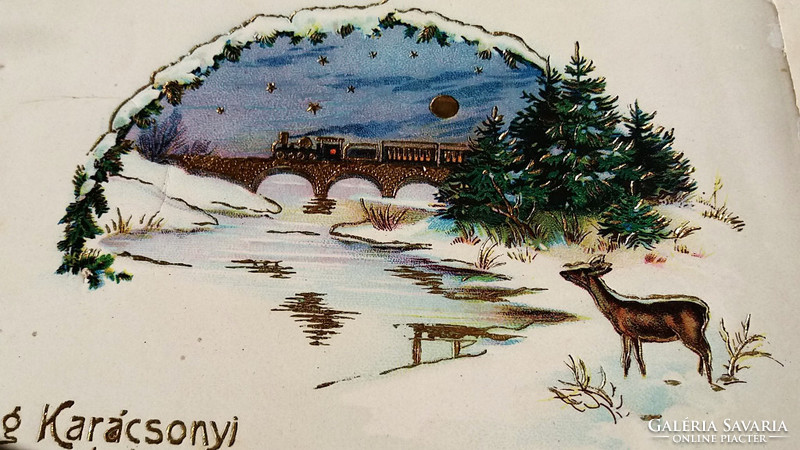 Régi karácsonyi képeslap 1928 őzike havas táj mintás levelezőlap