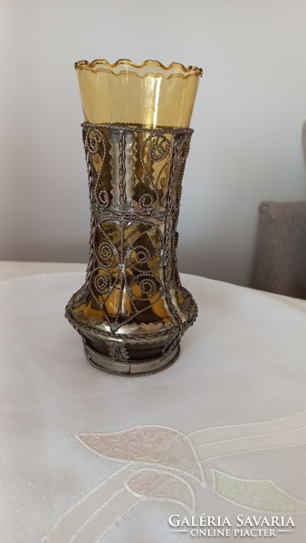 Special, empire-style brown glass vase, with metal appliqué, handmade, with ruffled edges