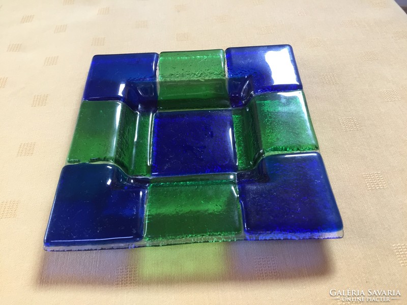 Muránói jellegű kék-zöld üveg tálka, kézi munka