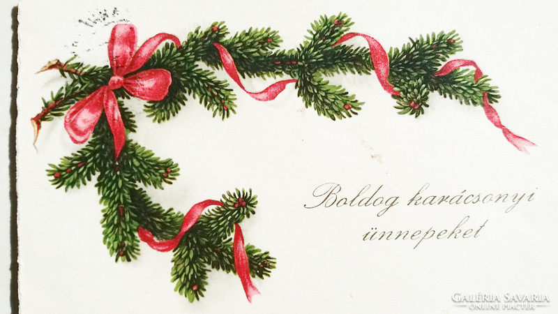 Régi karácsonyi képeslap fenyőág mintás levelezőlap