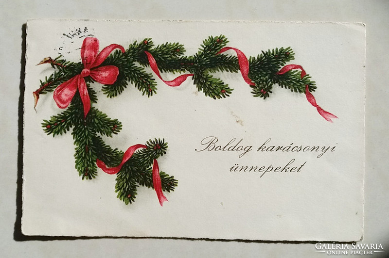 Régi karácsonyi képeslap fenyőág mintás levelezőlap