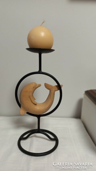 Vintage Indonesian candle holder metal - hand carved precious wood dolphin decorated - from the 1980s