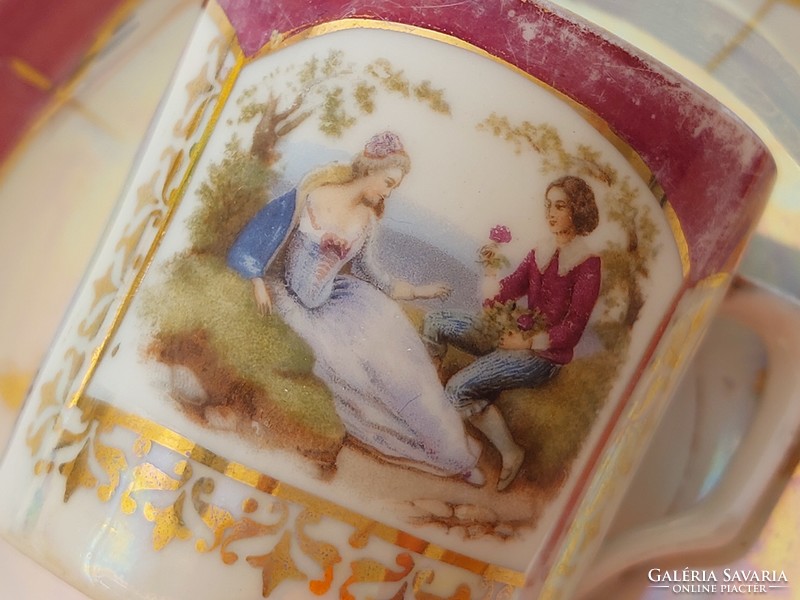 Régi porcelán kávés csésze eozinos jelenetes szecessziós vintage