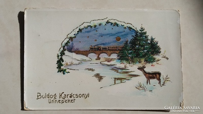 Régi karácsonyi képeslap 1928 őzike havas táj mintás levelezőlap