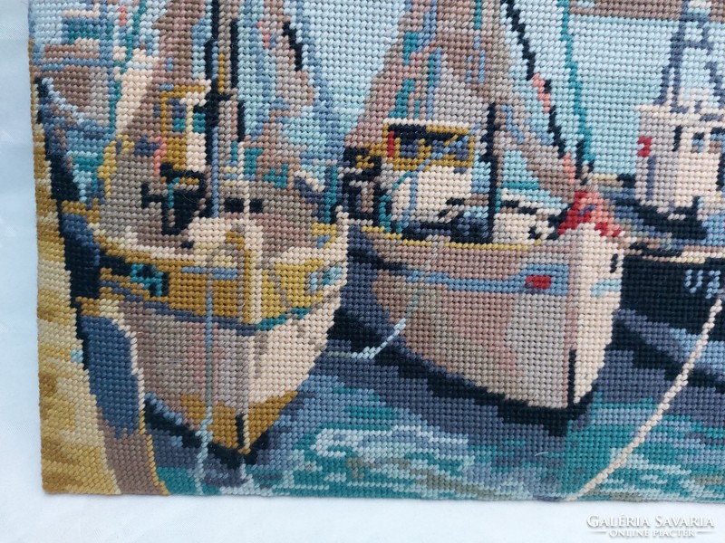 Gobelin vitorlás hajók tengerpart kikötő kézimunka kép falikép falidísz