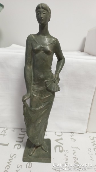 Ceramic workshop of László Deák, terracotta statue, girl with fan, marked