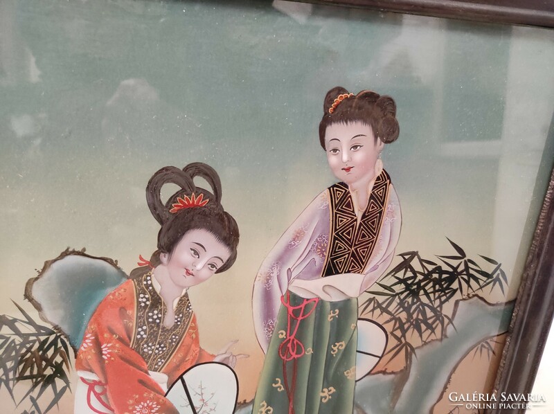 Antik japán üvegre festett elegáns fali kép gésa keretben 419 6183
