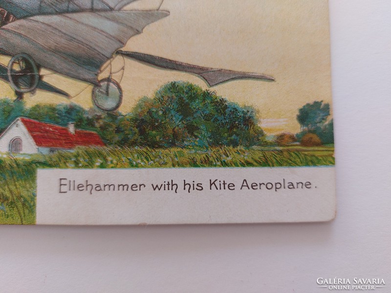 Régi képeslap repülőgép repülő levelezőlap Jacob Ellehammer kite aeroplane sárkányrepülő