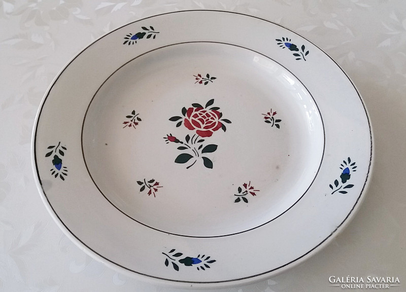 Antik Wilhelmsburgi fajansz tányér 31,5 cm keménycserép rózsás nagy falitányér