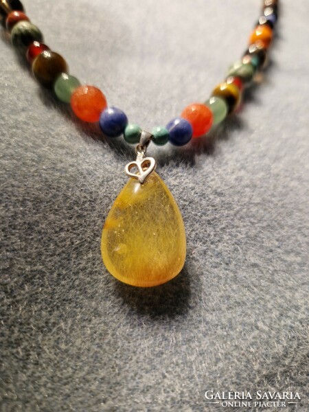 Multi chakra necklace with rutile quartz with many precious stones - new!