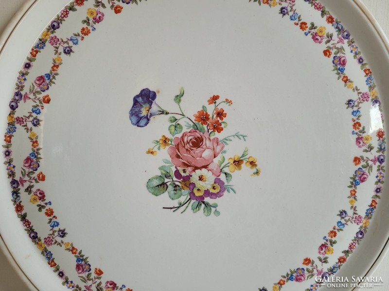 Régi Gránit nagy méretű 31 cm tál virágfüzér mintás rózsás tálca tányér