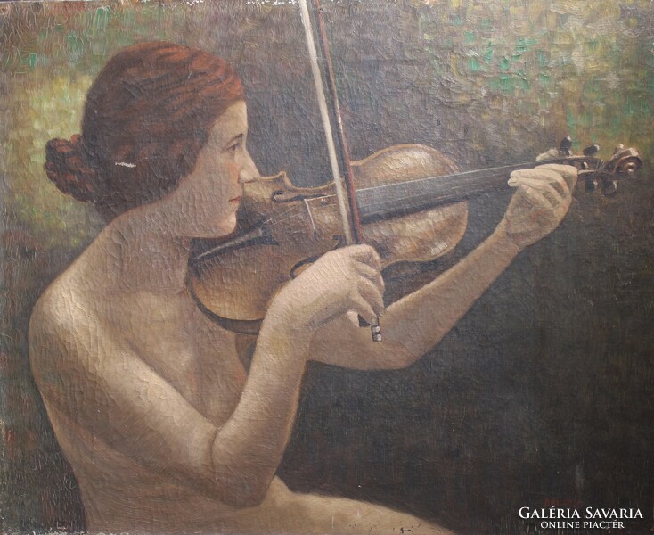 Hegedülő nő, gyönyörű olajfestmény! 55x67,5 cm, vászon - DÁLJAY jelzéssel - zenész, hegedűművész