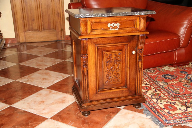 Carved bedside table with tin German marble top