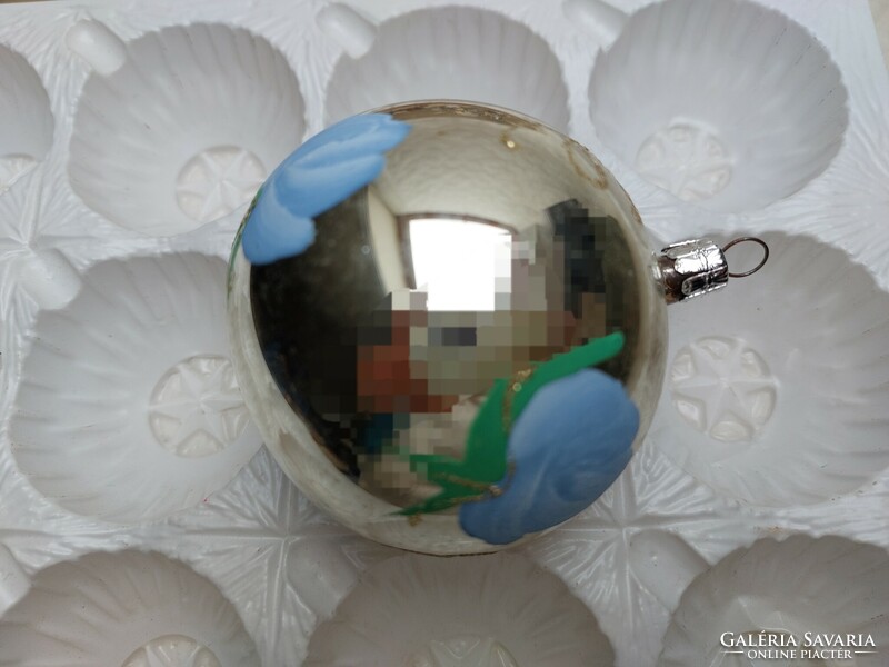 Old glass Christmas tree ornament painted blue floral sphere retro glass ornament