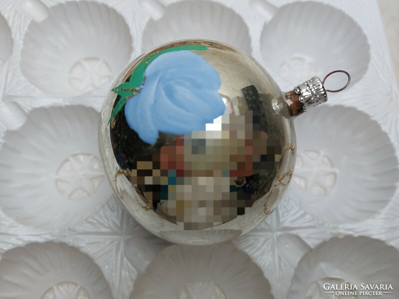 Old glass Christmas tree ornament painted blue floral sphere retro glass ornament