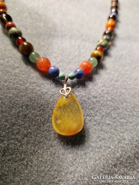 Multi chakra necklace with rutile quartz with many precious stones - new!