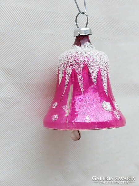 Régi üveg karácsonyfadísz mini pink csengő üvegdísz
