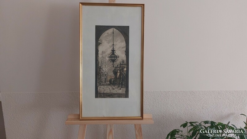 (K) very nice foreign etching 37x67 cm with frame
