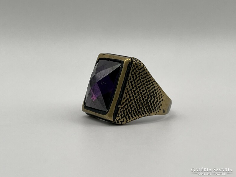 Antique style Israeli silver signet ring with translucent special dark purple faceted glass